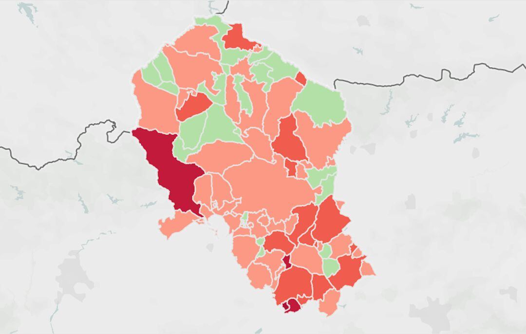 Mapa de los distintos municipios de la provincia según su tasa de incidencia acumulada