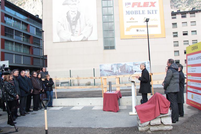 El cap de Govern al seu discurs durant la posada de la primera pedra de la nova seu de la Justícia, aquest matí.