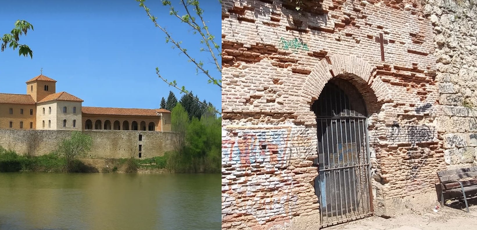 A la izquierda recreación del Palacio de la Ribera en su estado original. A la derecha, situación actual