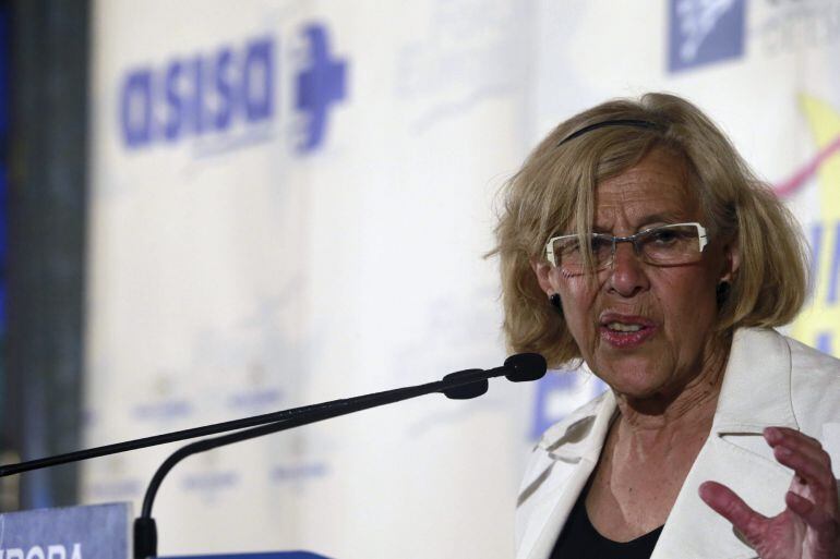 GRA019. MADRID, 12/05/2015.- La candidata de Ahora Madrid a la Alcaldía de la capital, Manuela Carmena, durante su intervención hoy en un desayuno informativo organizado en Madrid por el Forum Europa. EFE/Zipi