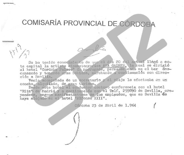 La dictadura sometió a vigilancia a Ava Gardner, como se ve en esta nota policial de 1964 de la comisaría provincial de Córdoba.