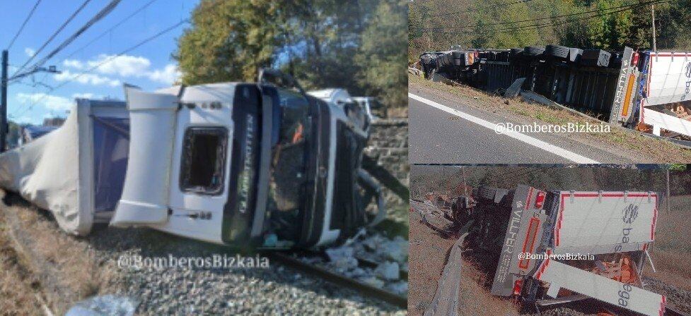 Imágenes del camión volcado sobre las vías de tren en Muxika. Fuente: @bomberosBizkaia.
