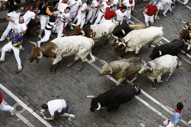 Los toros de la ganadería de Torrestrella (Cádiz) han protagonizado un quinto encierro rápido y peligroso, en el que uno de los astados ha quedado descolgado al final de la carrera y ha creado los mayores momentos de peligro