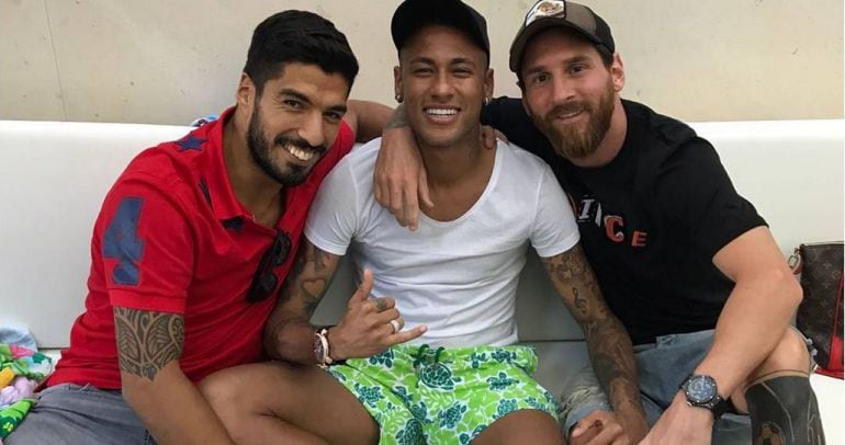Luis Suárez, Neymar y Messi, en una foto publicada por el argentino en Instagram.