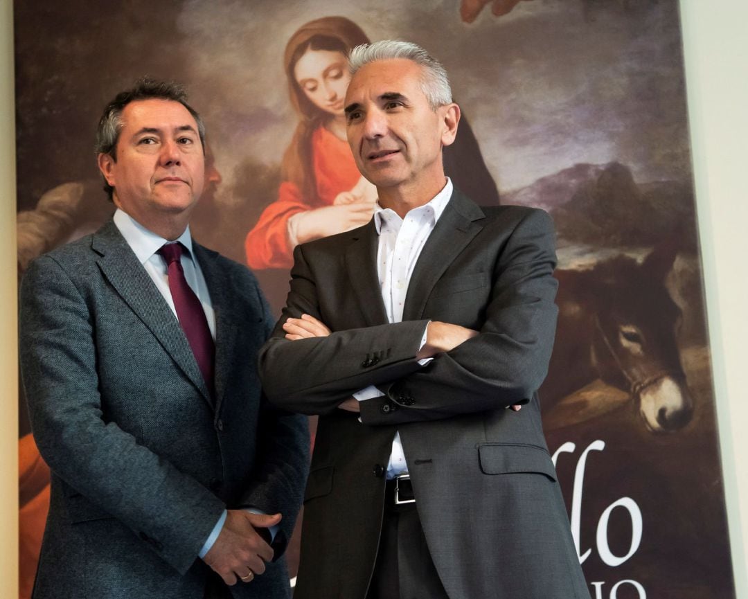 El alcalde de Sevilla, Juan Espadas (i) y el consejero de Cultura, Miguel Ángel Vázquez, en la rueda de prensa de la exposición &#039;Murillo IV centenario&#039;, como colofón del Año Murillo, que será inaugurada en el Bellas Artes de Sevilla el próximo día 29 y do