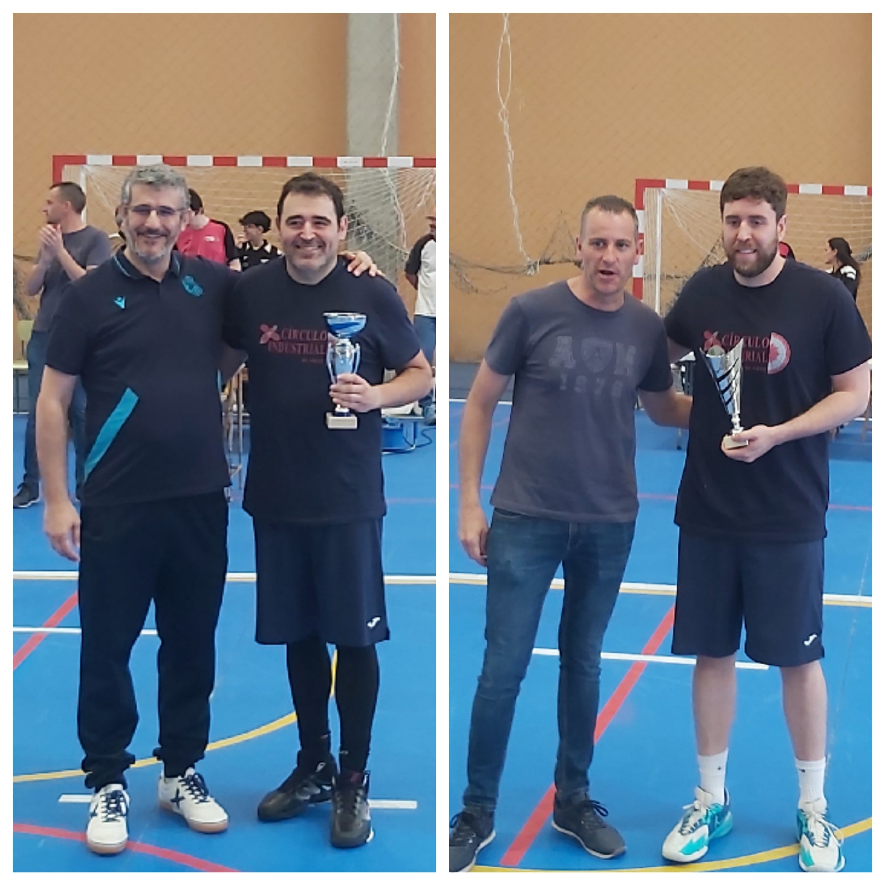 Javi Fernández entrega el trofeo de subcampeón al capitán del Círculo Industrial, Nando Abad, y Alberto Belda el de MVP al también jugador del mismo equipo, Gonzalo Amador