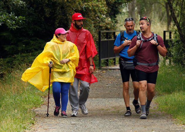 Un grupo de peregrinos de Barcelona y Sevilla, recorren el Camino de Santiago, a la altura de Melide (Coruña), en el día que abren oficialmente los albergues, tras la pandemia del coronavirus.