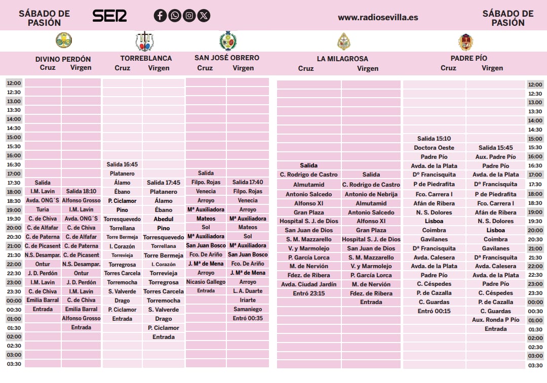 Parrilla de horarios e itinerarios del Sábado de Pasión