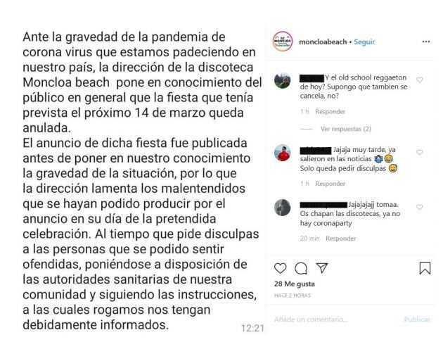 Comunicado de la sala anunciando la candelación de la fiesta