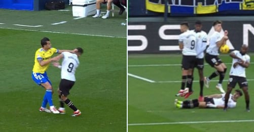 Agresión de Luis Hernández a Hugo Duro y acción de Pepelu, que Jaime Latre consideró como penalti