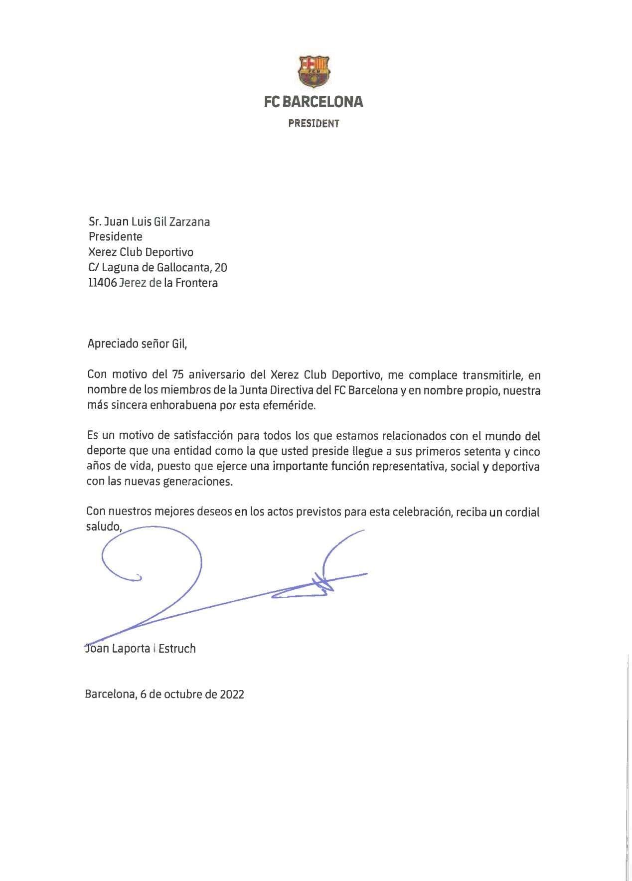 Carta que ha recibido el Xerez CD