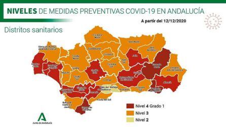 Mapa de los niveles de riesgo decretados por la Junta de Andalucía