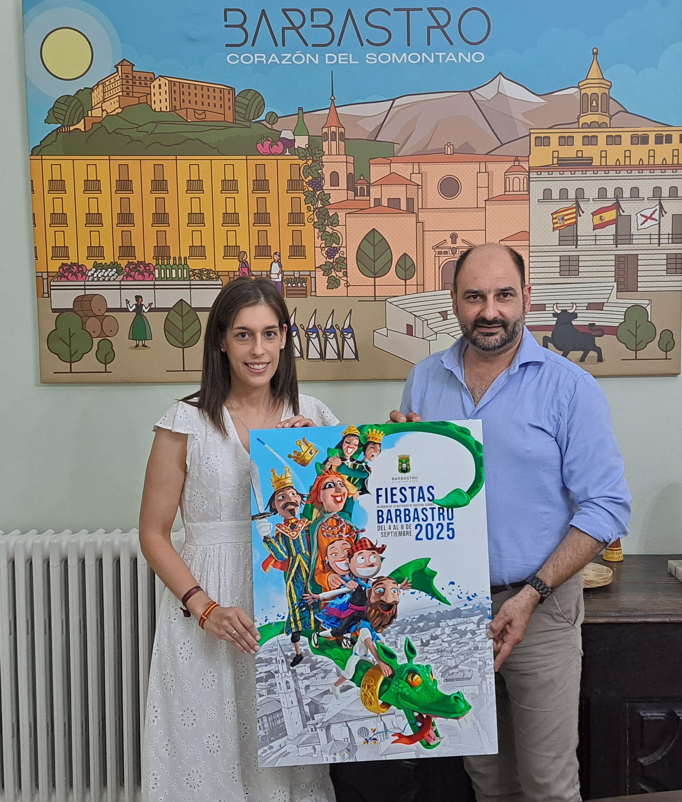 Lorena Espiérrez y Fernando Torres con el cartel anunciador de las fiestas de Barbastro