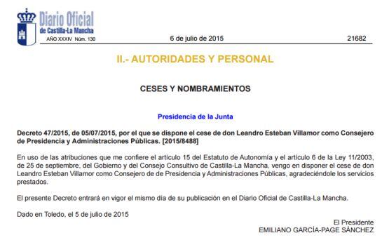 Decreto de cese del Consejero de Presidencia, Administraciones Públicas y Portavoz del Gobierno, Leandro Esteban