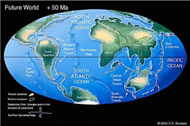 Simulación del aspecto del mundo dentro de 50 millones de años. El Atlántico se ha ensanchado y el Mediterráneo ha desaparecido. (c) 2010