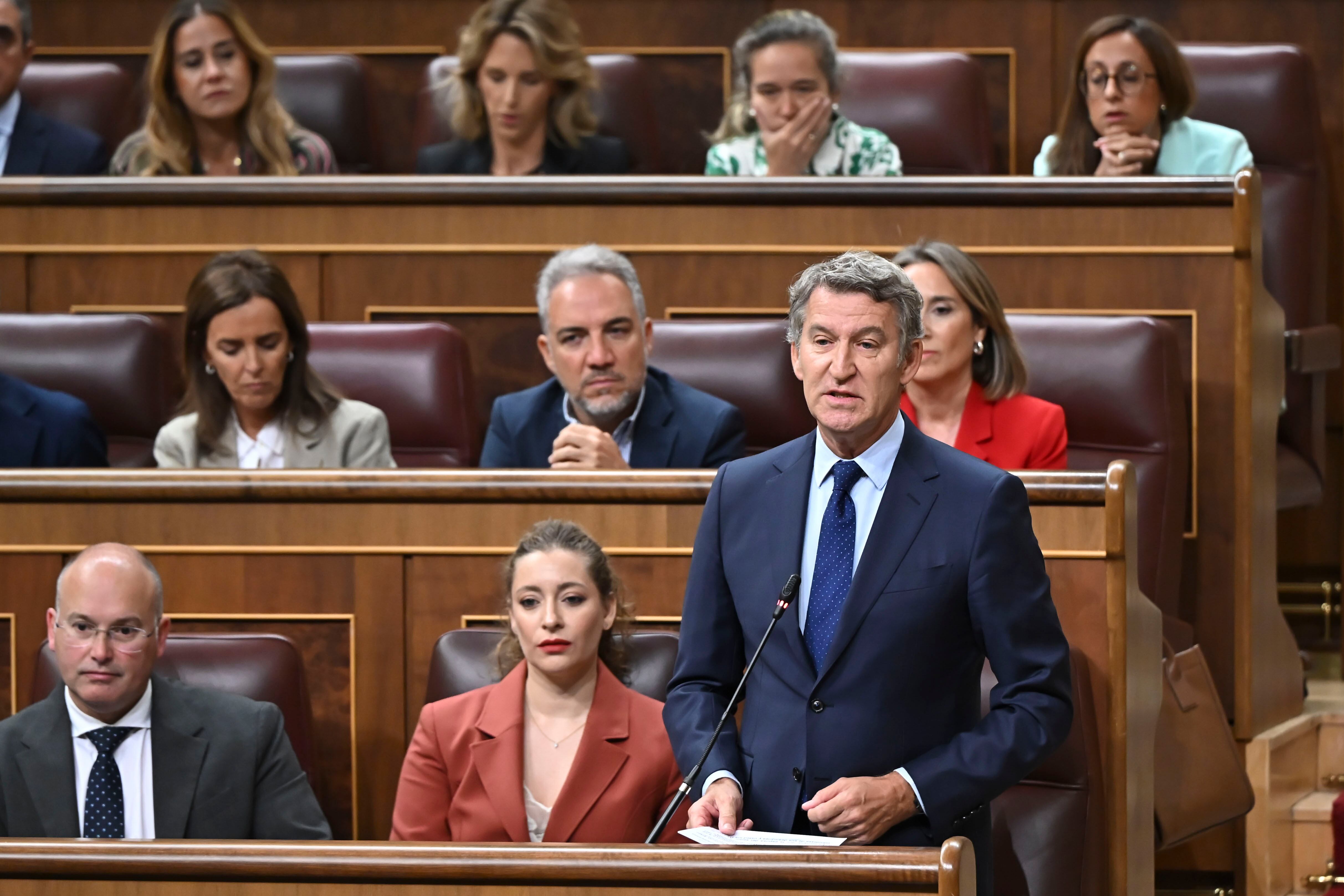 El líder del Partido Popular (PP), Alberto Núñez-Feijóo, interviene durante la primera sesión de control del nuevo período de sesiones este miércoles en el Congreso de los Diputados en Madrid.