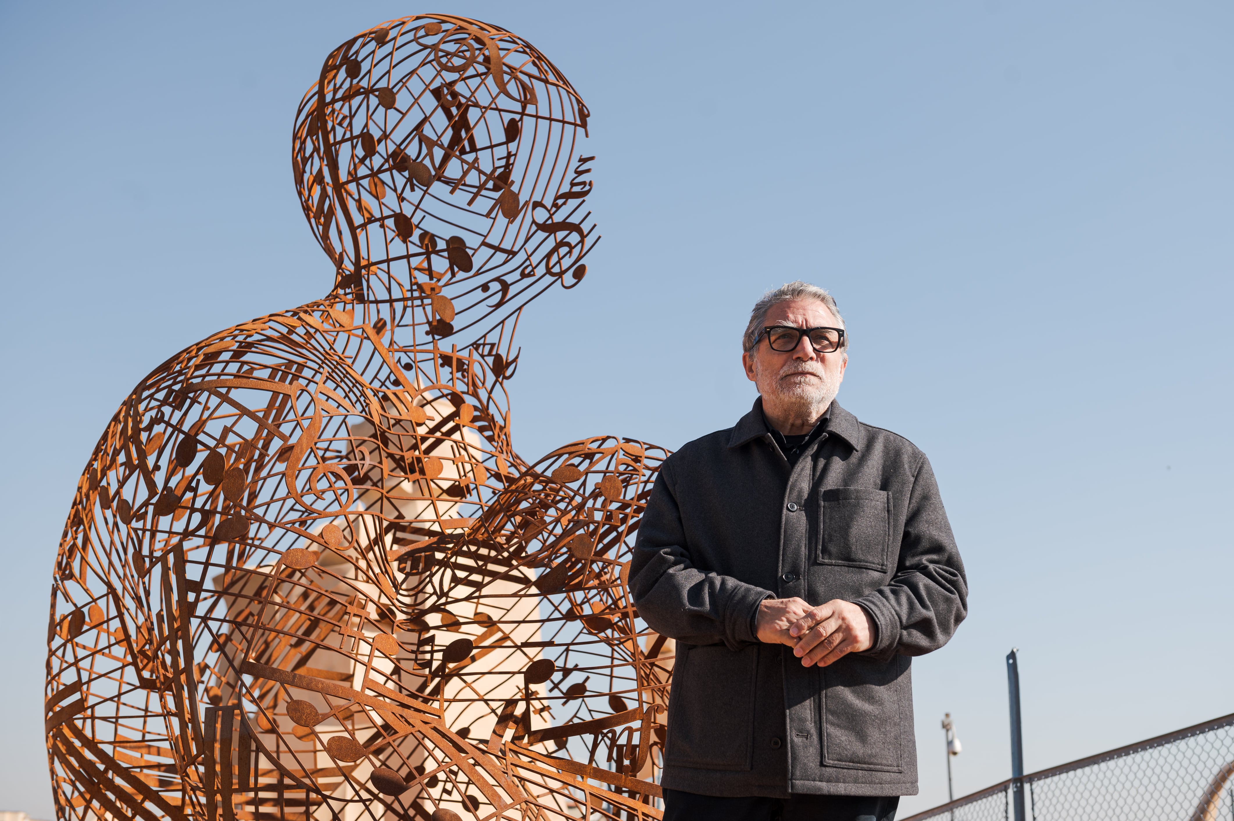 BARCELONA, SPAIN - FEBRUARY 18: Artist Jaume Plensa posing after the installation of the first large-format piece &quot;Silent Music&quot; that will form part of the new exhibition of the Fundació Catalunya La Pedrera &#039;Jaume Plensa. Poetry of silence&#039;, on the roof of La Pedrera-Casa Milà on February 18, 2023 in Barcelona, Spain. (Photo by Mario Wurzburger/Getty Images)