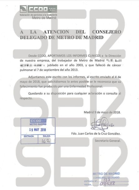 Escrito de Comisiones Obreras a la dirección de Metro de Madrid para que reconozca el caso como Enfermedad Profesional.