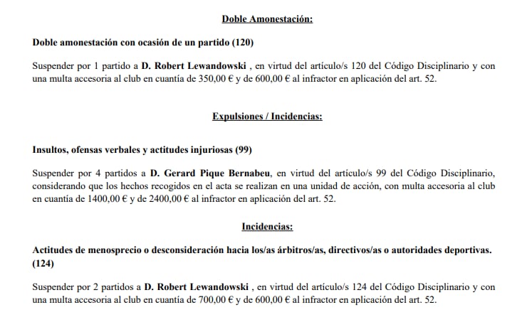 Sanción a Piqué y Lewandowski (Comité de Competición)