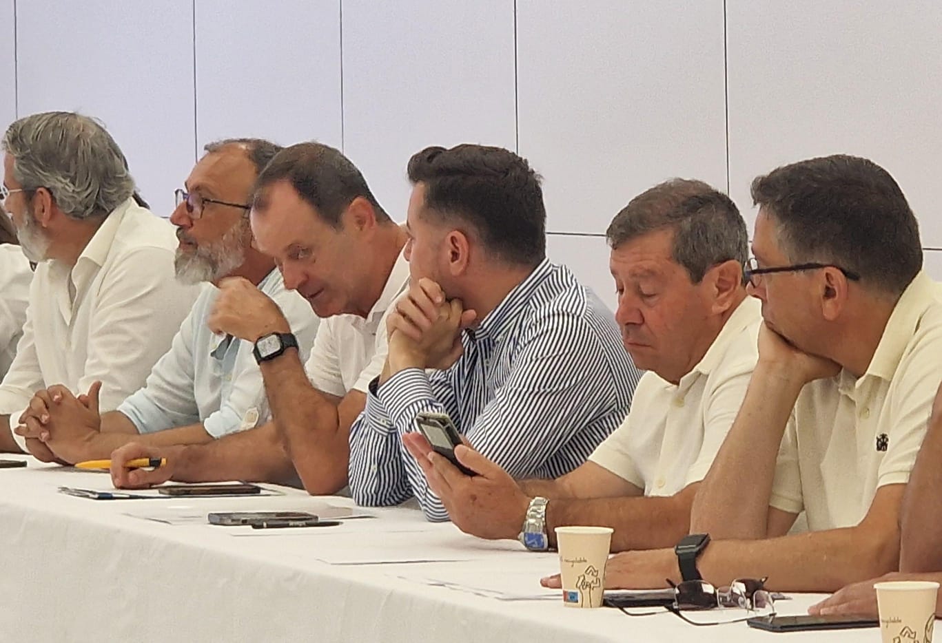 Francisco García (alcalde de Santa Lucía de Tirajana), Oscar Hernández (alcalde de Agüimes) y Teodoro Sosa (alcalde de Gáldar), juntos en el interior de la sala de la celebración de la Ejecutiva Nacional de Nueva Canarias.