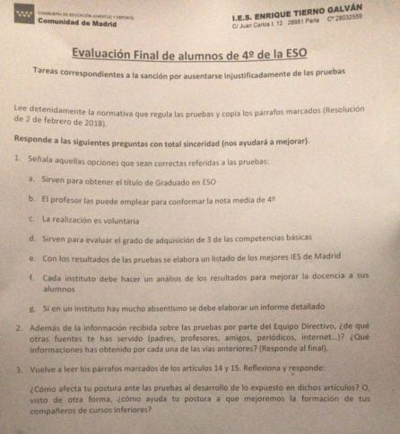 Documento del IES Enrique Tierno Galván que recoge las sanciones contra los alumnos objetores de la prueba externa de la LOMCE