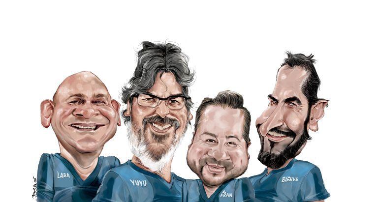 Los personajes de La Cámara de los Balones, Luis Lara, José Guerrero 'Yuyu', Fran Ronquillo y Bienvenido Sena, en la caricatura de Pandelet