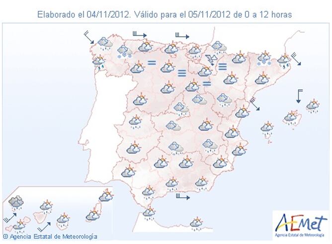 La Agencia Estatal de Meteorología (Aemet) prevé para este lunes precipitaciones localmente fuertes en las islas de La Palma y el Hierro, en Canarias, así como intervalos de viento fuerte en el litoral norte de Galicia, Cantábrico y litoral de Almería.