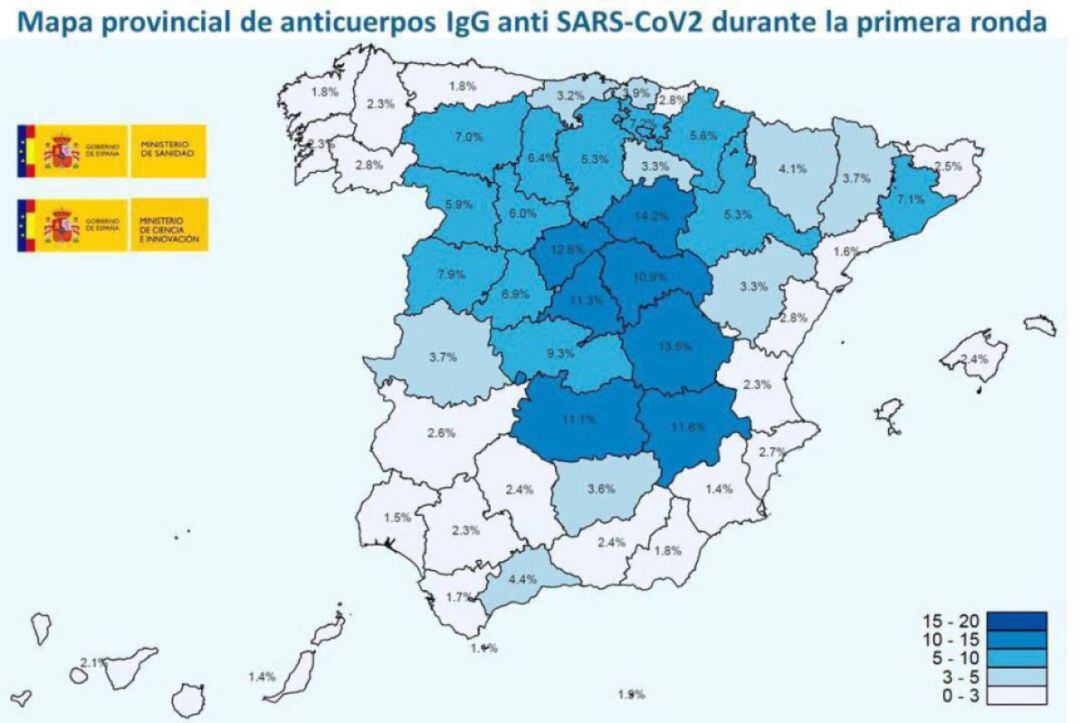 Mapa de seroprevalencia ancicuerpos IGG tras la primera ronda del estudio