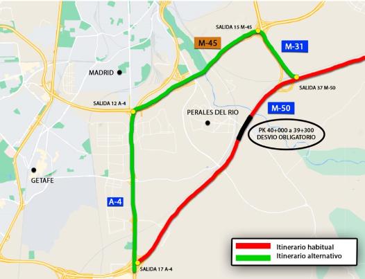 Mapa de la ruta alternativa al paso por el túnel de Perales del Río en Getafe, para camiones con  mercancías peligrosas.