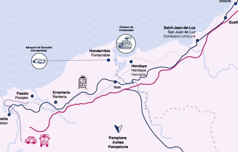 Mapa de conexiones entre los territorios de la Eurorregión.