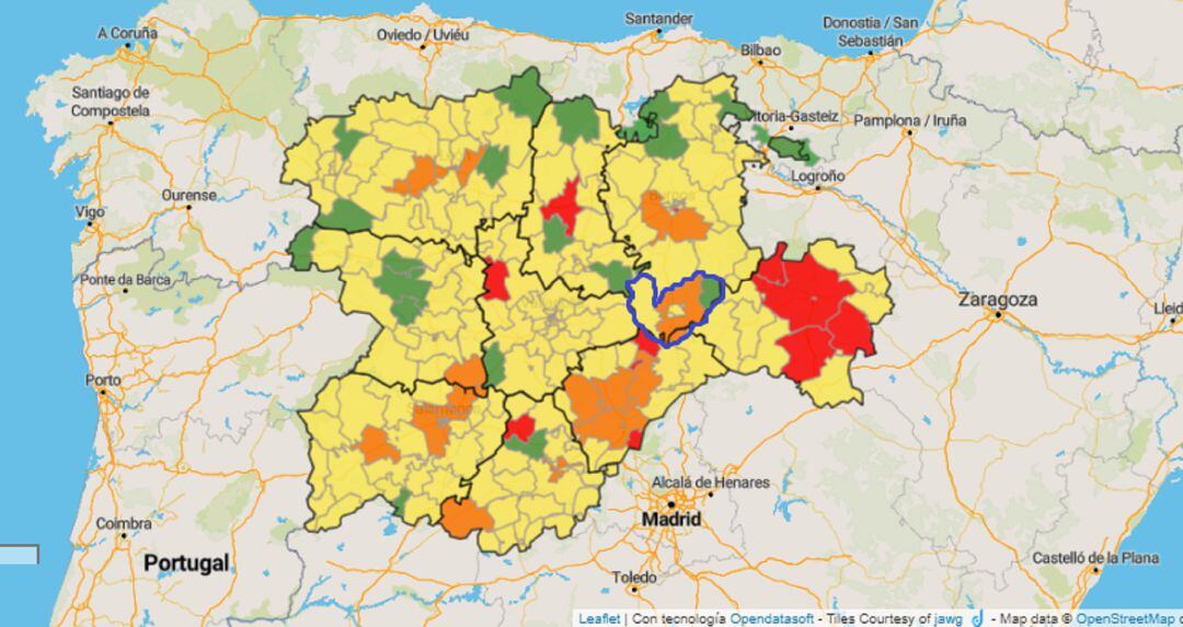 Mapa de la incidencia de nuevos casos de COVID-19 en cada zona básica de salud de Castilla y León durante la última semana