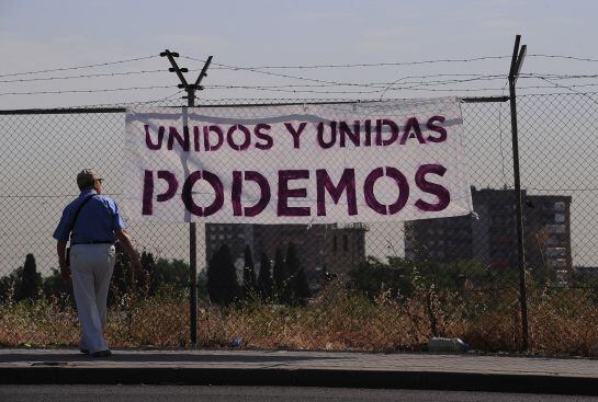 Pancarta a favor de Unidos Podemos en Madrid.