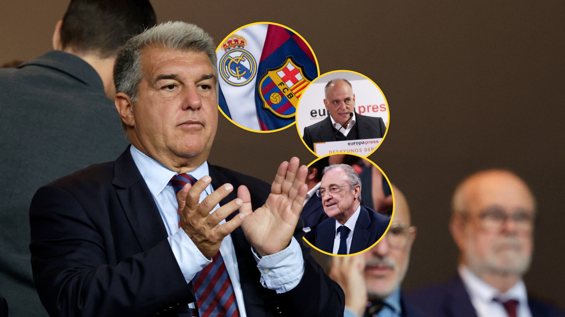 En un montaje, Joan Laporta junto a los escudos del Real Madrid y Barça, Javier Tebas y Florentino Pérez