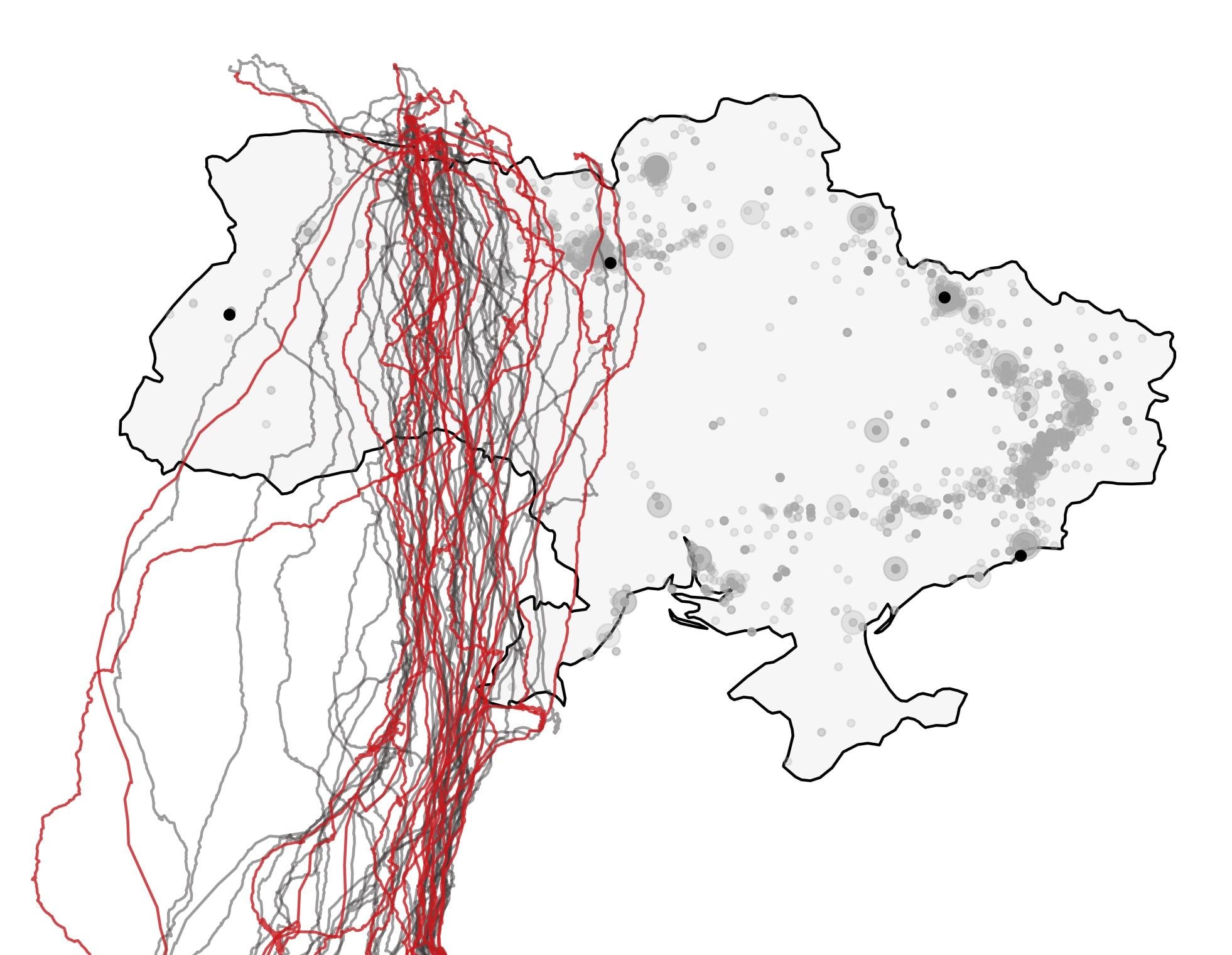 Mapa de Ucrania con las rutas de las águilas señaladas. Crédito: Charlie Russell