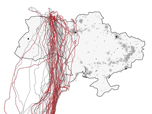 Mapa de Ucrania con las rutas de las águilas señaladas. Crédito: Charlie Russell