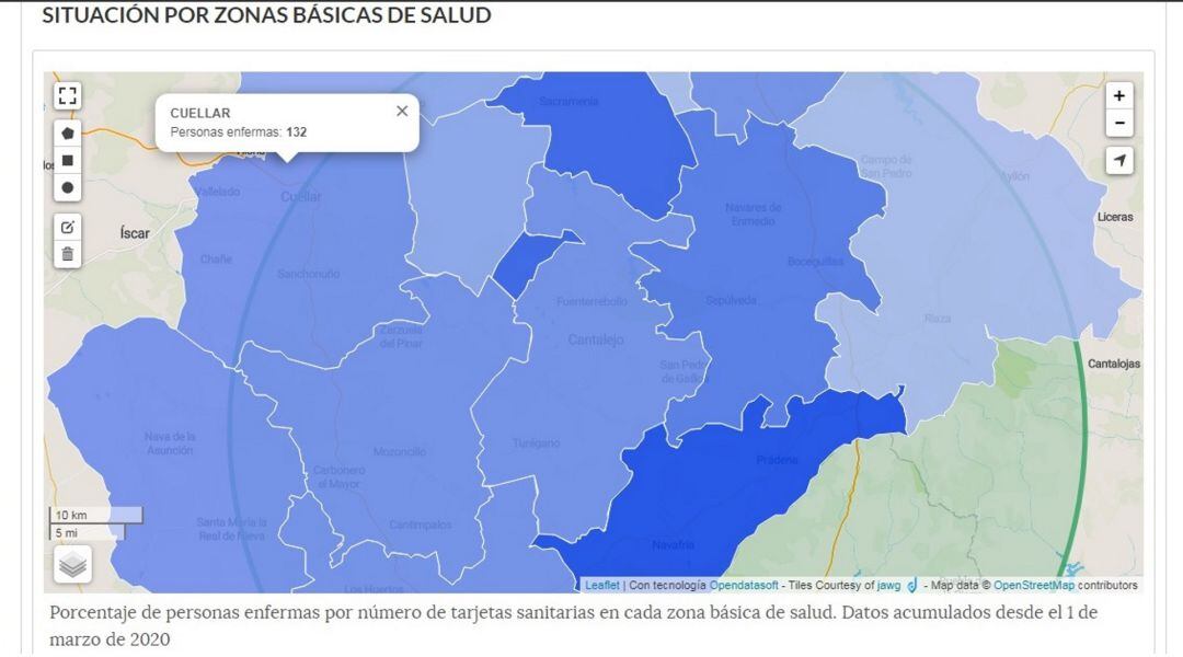 Mapa de afectados por Covid 19 en la provincia de Segovia