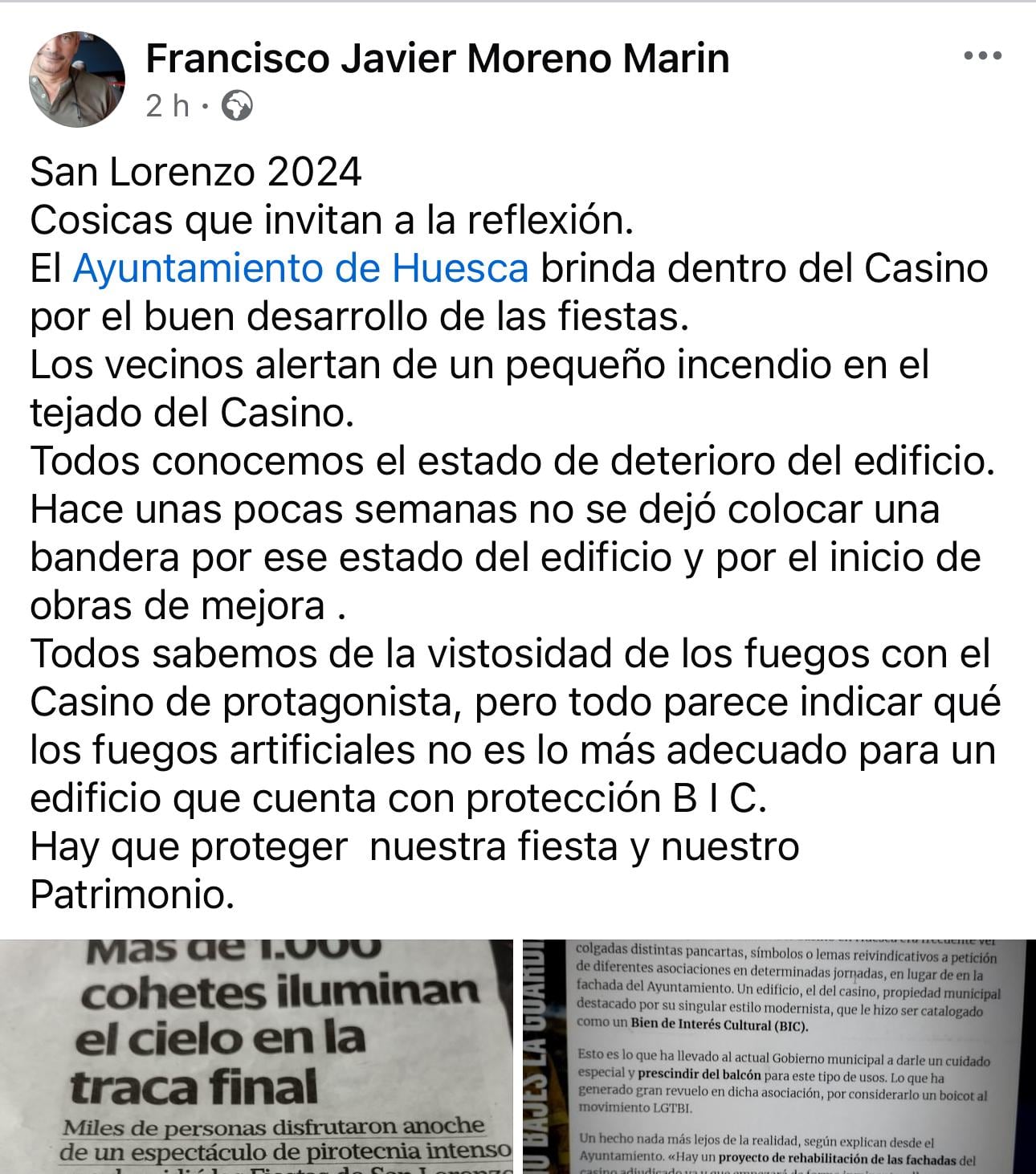 Publicación en facebook de Javier Moreno, hablando del Casino