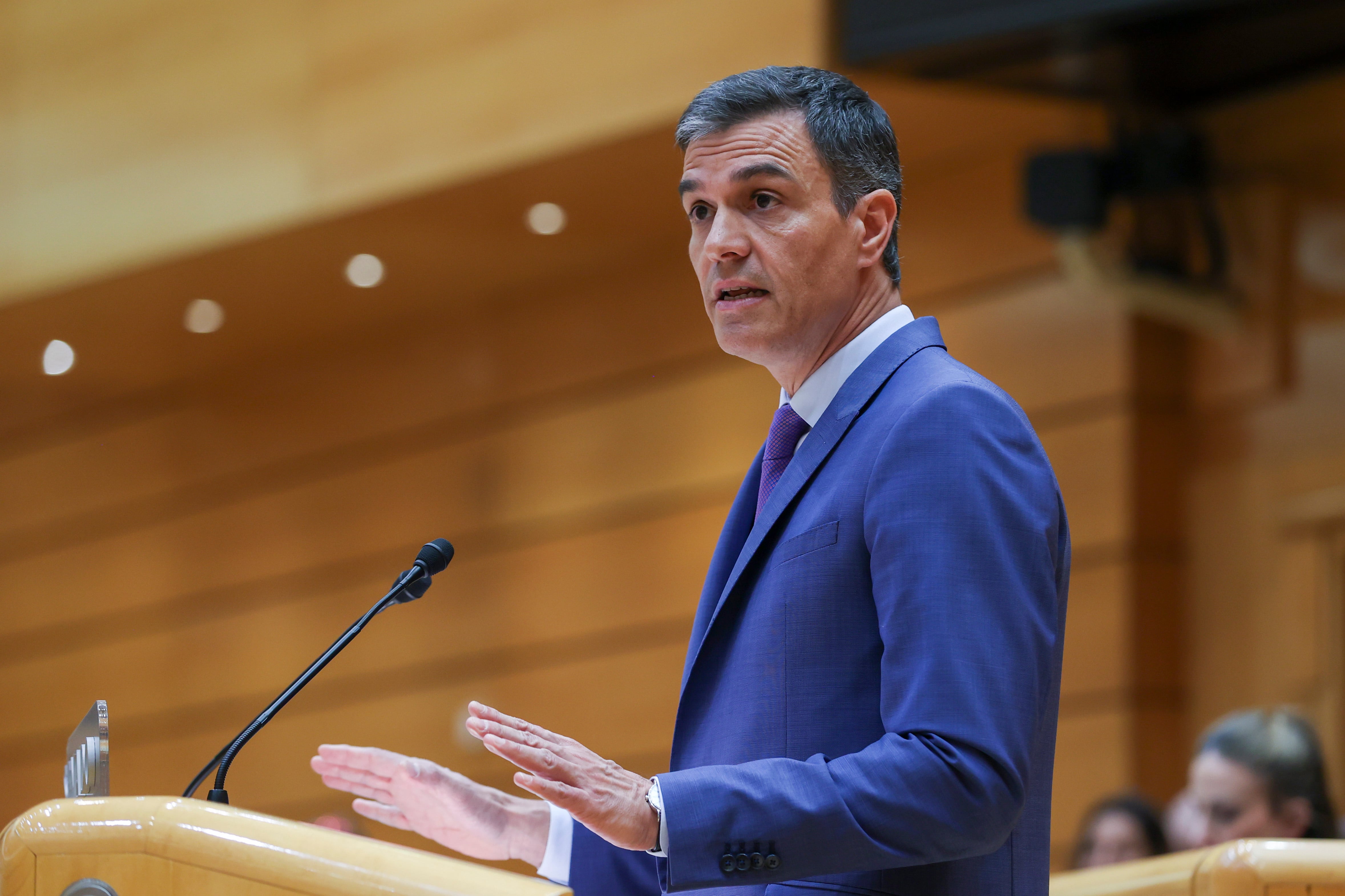 El presidente del Gobierno, Pedro Sánchez, en el pleno del Senado durante su comparecencia, la quinta monográfica de la legislatura, este martes en Madrid.