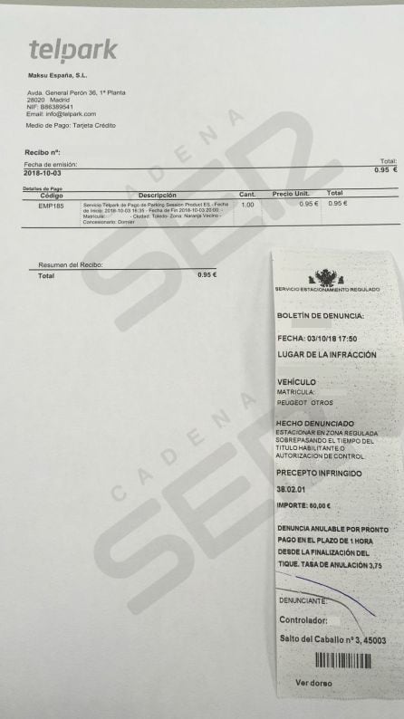 Una denuncia que se ha puesto el 3 de octubre y el justificante de pago a través de la app Telpark para la misma fecha