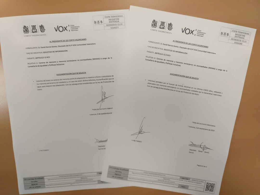 Escritos presentados por Vox reclamando información relativa a menores migrantes tutelados por la Generalitat