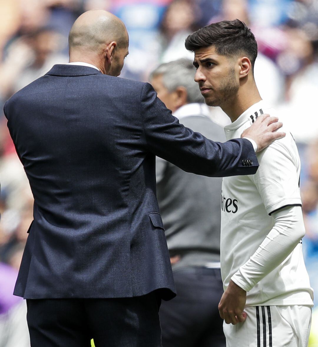 Marco Asensio y Zinedine Zidane durante un partido del Real Madrid la temporada pasada