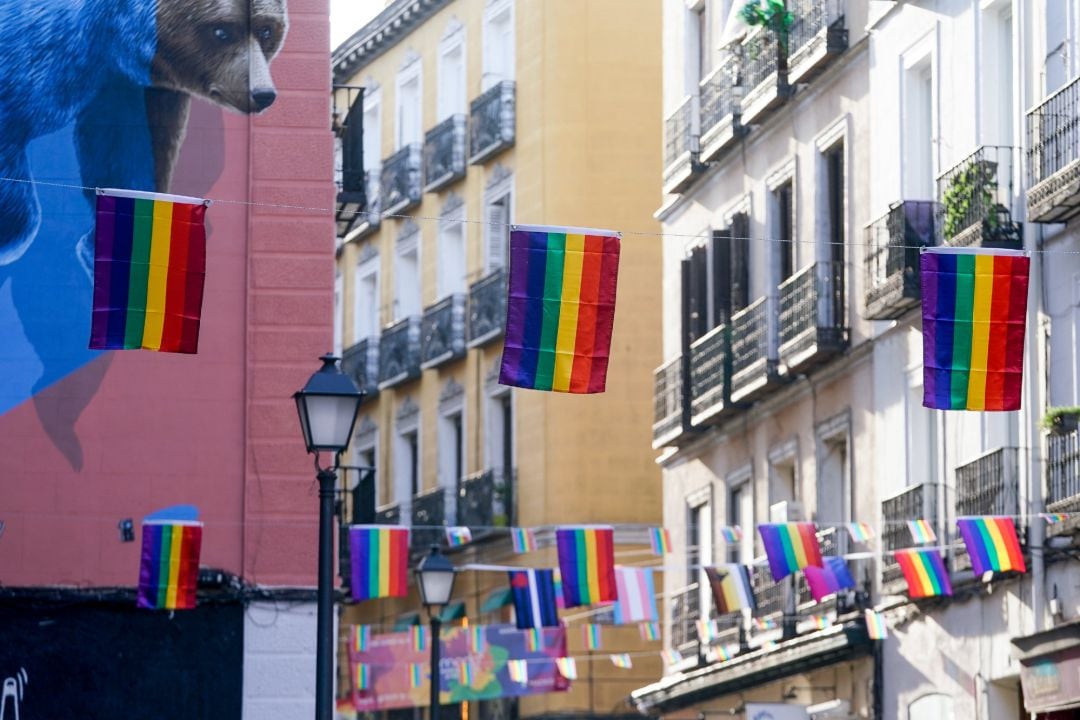 Banderas arco iris colocadas en una calle.