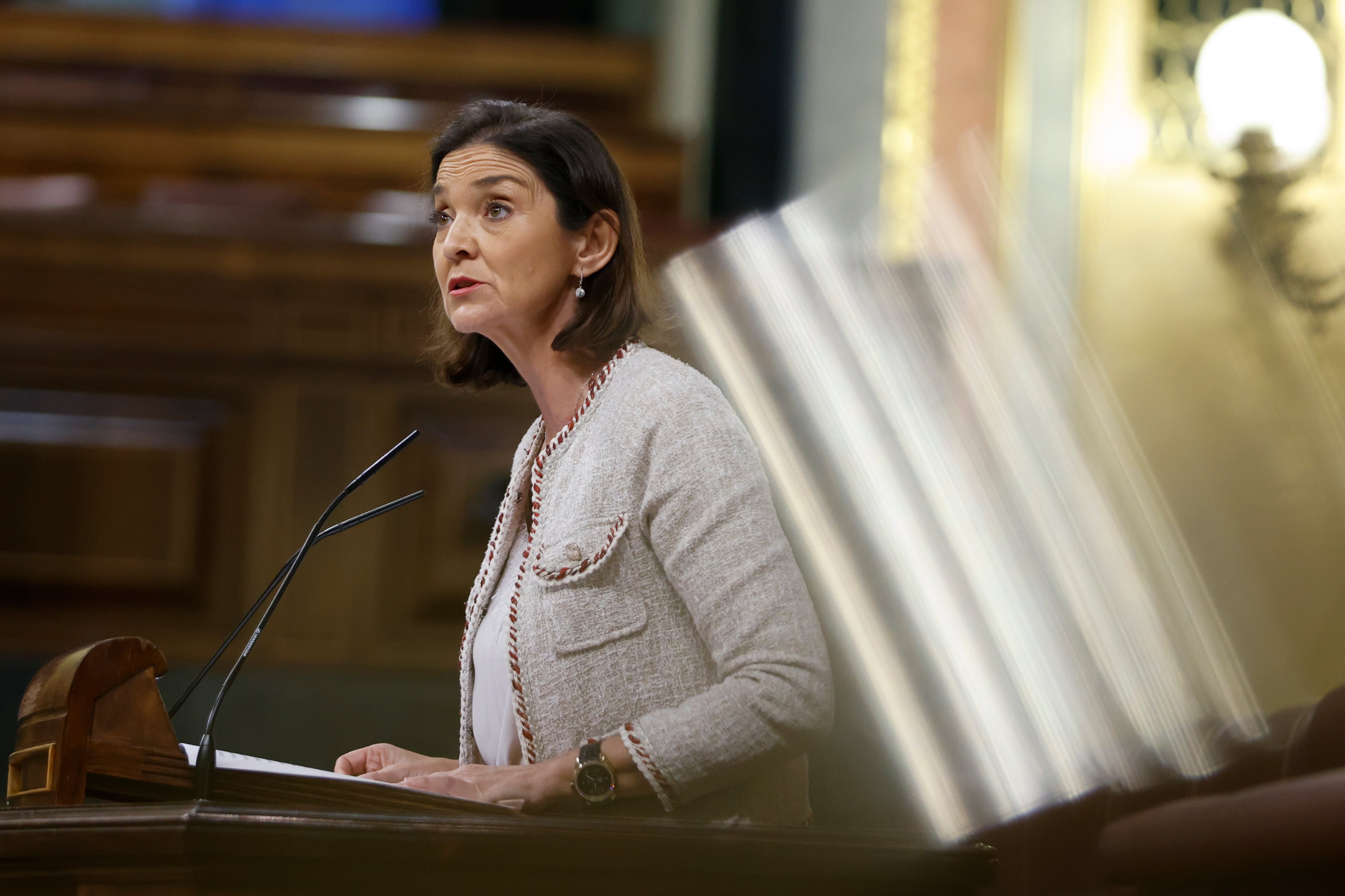 La ministra de Industria, Reyes Maroto durante su intervención en la sesión de control del Gobierno celebrada este miércoles en el Congreso en Madrid. EFE/ Mariscal