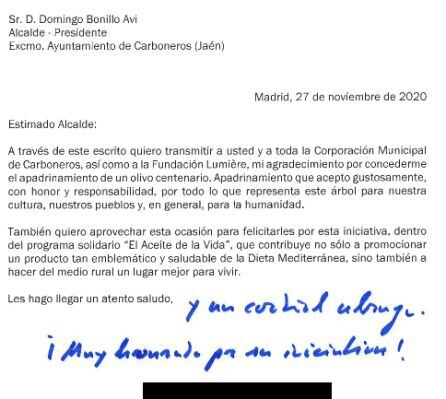 Carta enviada por Luis Planas al Ayuntamiento de Carboneros.