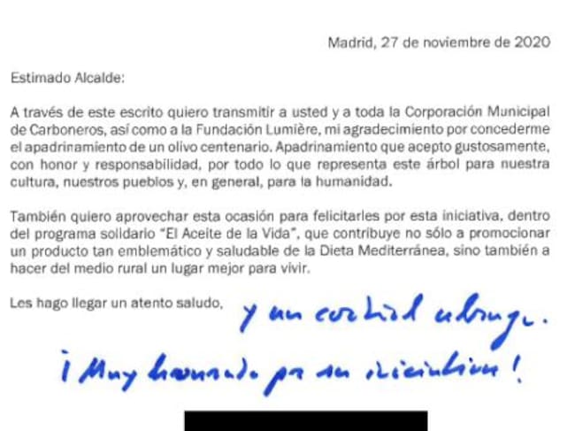 Carta enviada por Luis Planas al Ayuntamiento de Carboneros.
