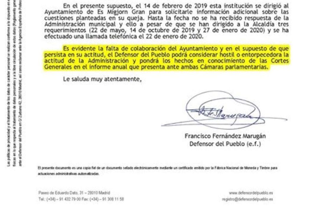 El Defensor del Poble és molt clar en el seu advertiment a l'Ajuntament des Migjorn Gran.