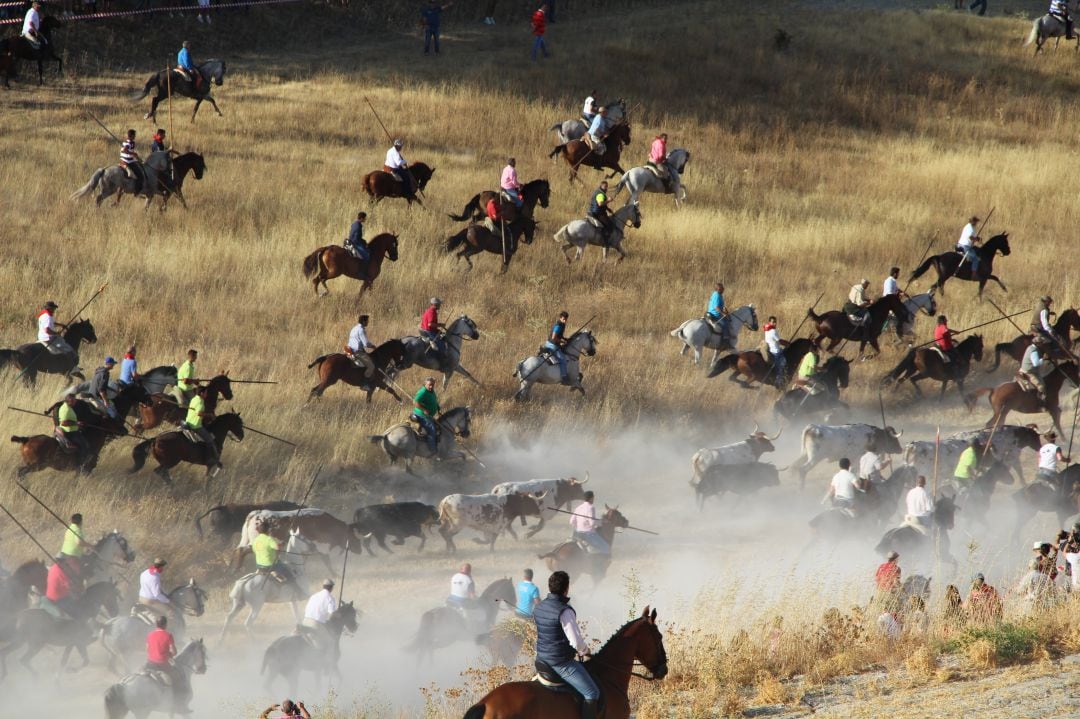 Caballistas participan en el encierro en las fiestas de Cuéllar