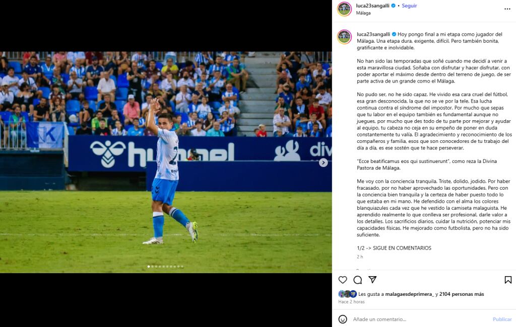 La carta de despedida de Luca Sangalli