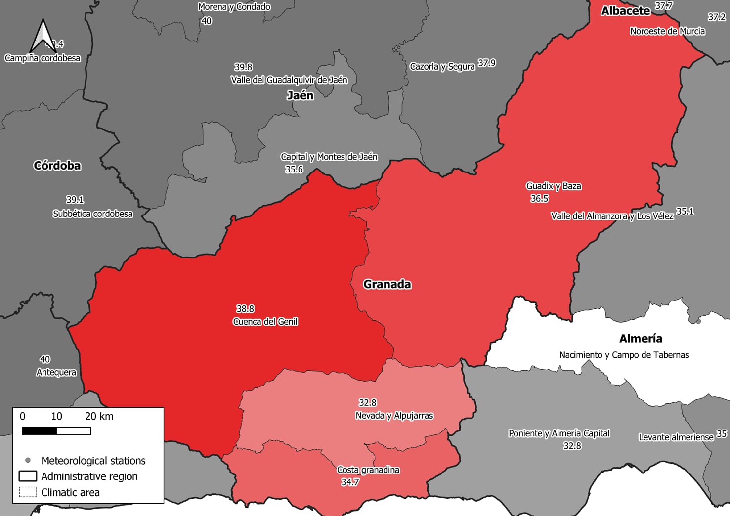 Mapa de temperaturas a las que se disparan las muertes por calor dentro de la provincia de GranadaInstituto de salud Carlos III