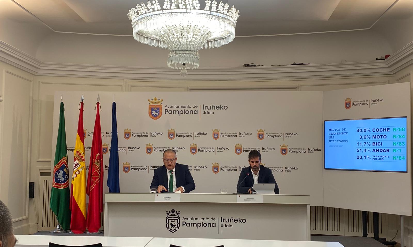 El alcalde de Pamplona, Enrique Maya; y el director de la Oficina Estratégica Municipal, José Costero, en la presentación de los resultados de la encuesta